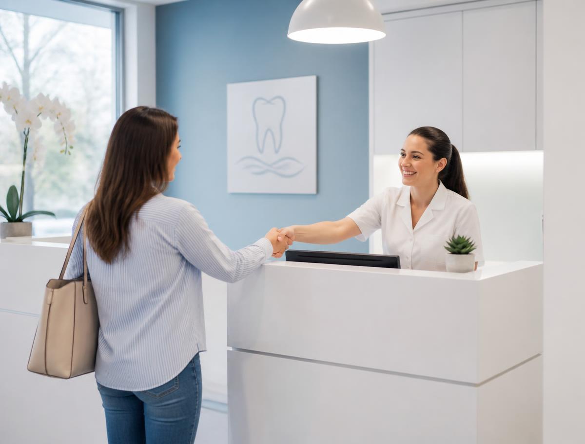 Recepcionista de una clínica dental atendiendo a una paciente