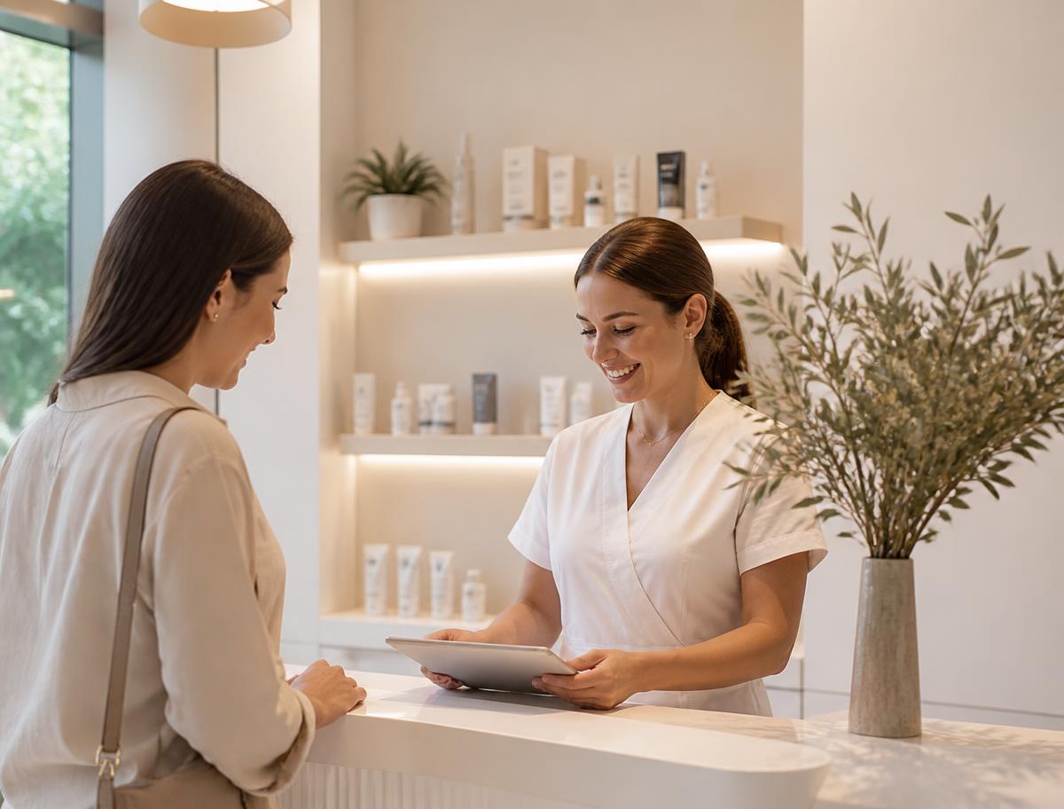 Profesional de un centro de estética atendiendo a una clienta en recepción