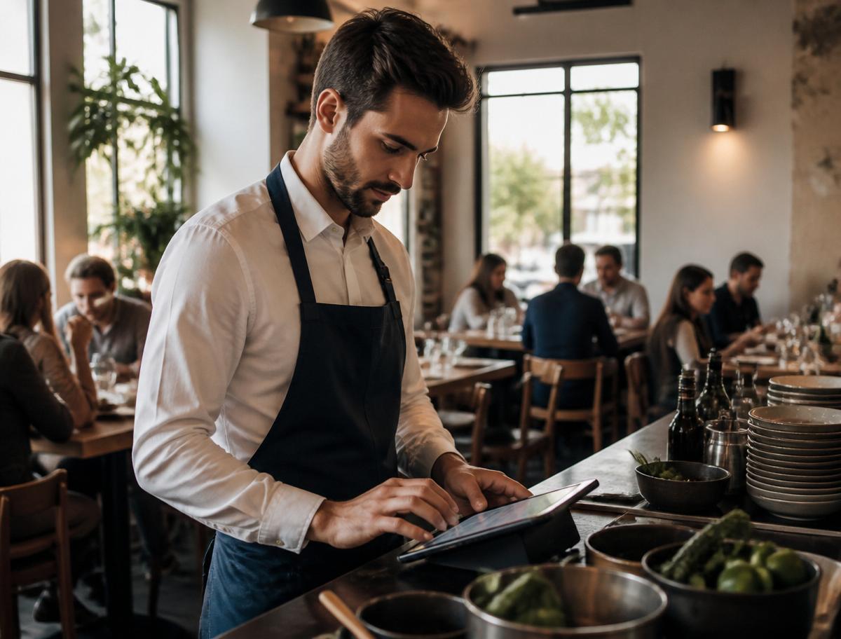 Responsable de sala organizando los pedidos de un restaurante